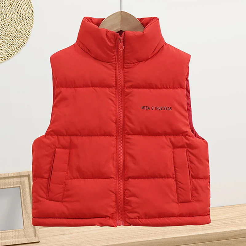 Winter Autumn Teen Girls Vest Solid Color Letter Print Thick Warm Stand Collar Jacket For 4-14 Years Boys Down Cotton Waistcoat