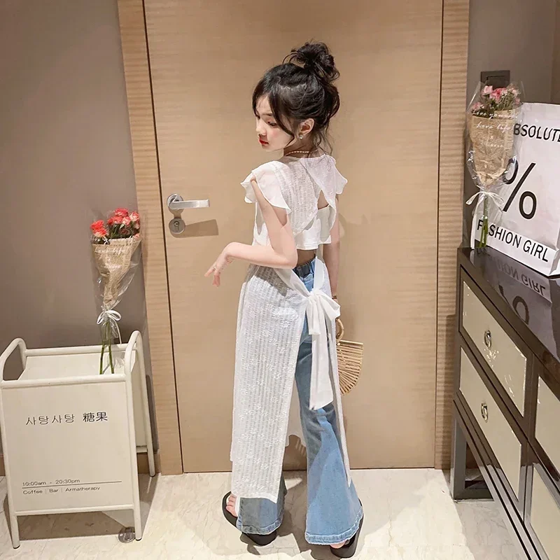 Novelty Girls Clothes Long Tops Hollow for Back Lace Dress + Vest + Jeans Pants Suit 3pcs Set Sweet Summer Children's Clothing