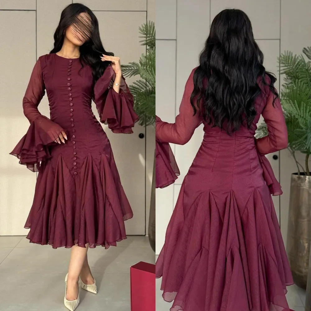 

Изысканное шифоновое вечернее платье на пуговицах со складками и рюшами, драпированное вечернее платье трапециевидной формы с круглым вырезом длиной до колена, платья для выпускного вечера 2026