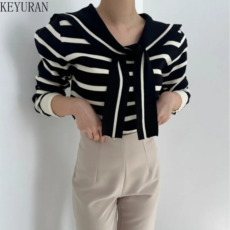 Koreański szykowny sweter z kokardą i marynarskim kołnierzem Kobiety Wiosna Jesień Vintage Długi rękaw Slim Pullover Dzianina Tops Casual Swetry