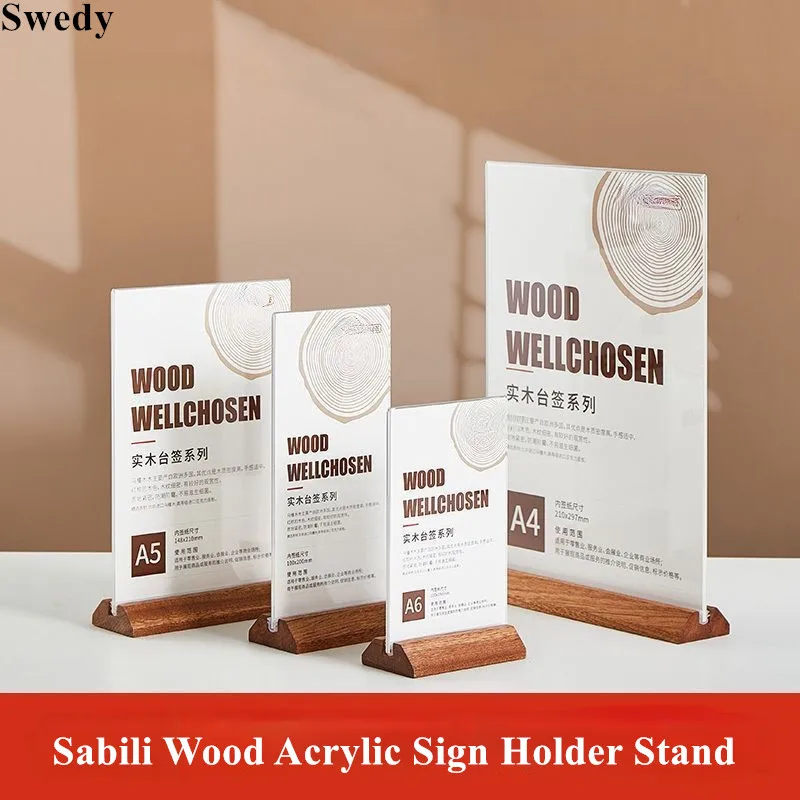 A4 210x297mm Wood Base Acrylic Sign Holder Photo Frame Price Label Holder Restaurant Table Menu Paper Holder Display Stand