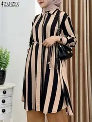 ZANZEA Muslim Blouse Women Stylish Long Shirts Long Sleeve Casual Striped Tops Turkey Abaya Kaftan Loose Busas Islamic Clothing