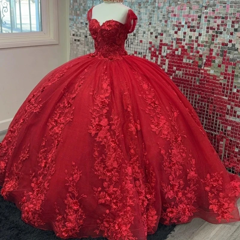 

Red Shiny Sweetheart Quinceanera Dresses Beads 3DFloral Applique Lace Off the Shoulder Sweet 15 Birthday Party Ball Gowns