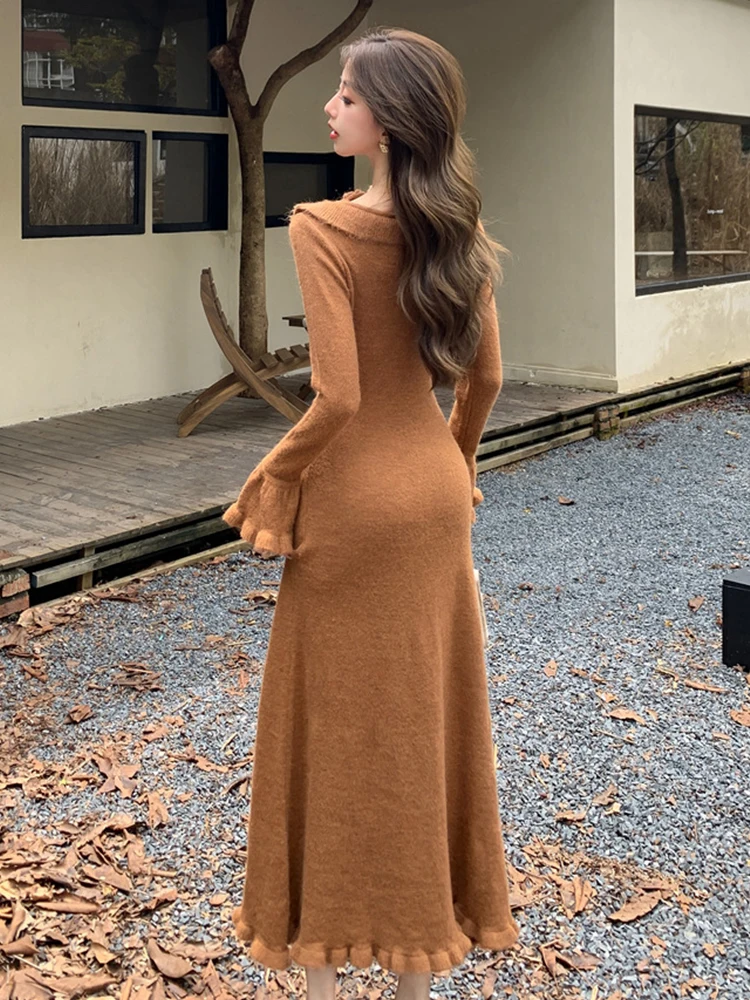 Women Clothes Knitted Sweet Floral Ruffle V-Neck Skinny Long Dress Sweater Casual Stretchy Robe Mujer Vestidos Autumn Winter New