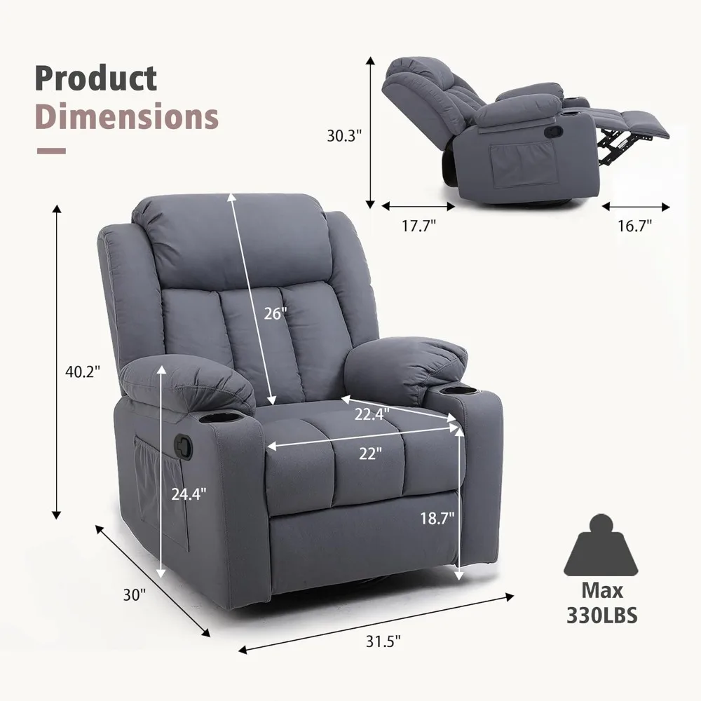 Rocker Swivel Recliner Chair for Adults, Overstuffed Large Manual Recliner Glider with Massage and Heat, Comfy Soft Fabric Livin