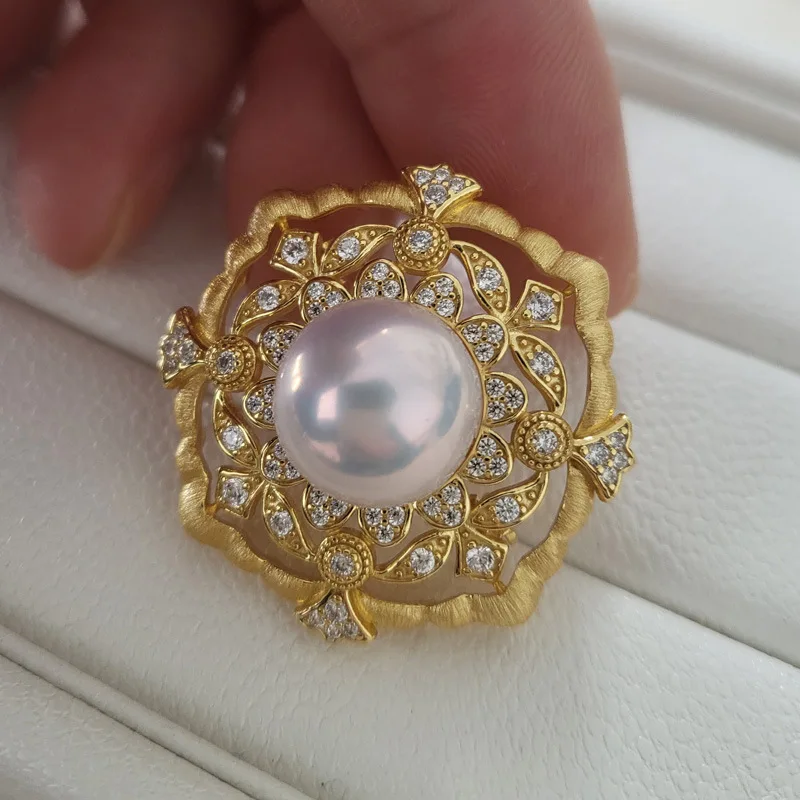 Natural Edison Pearl Brooch Pendant 2-in-1 12mm Round High Luster 925 Silver Gold Plated Vintage Filigree Pin for Women