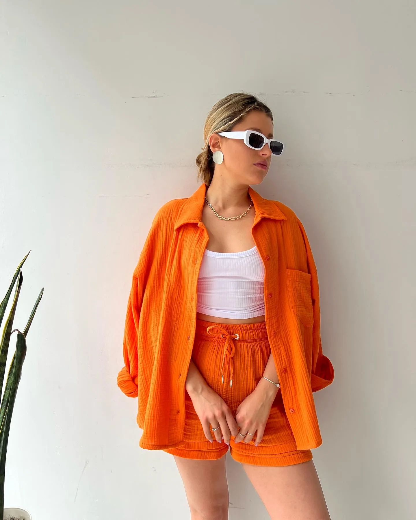 

Summer Women Casual Cardigan Shirt & Shorts 2 Piece Sets Ladies Solid Color Fashion Long Sleeve Blouse & Short Pant Fashion Suit