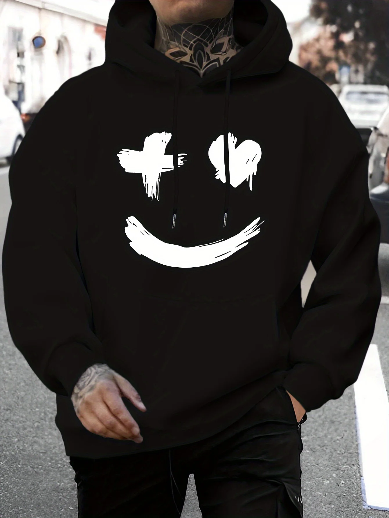 Men's New Fashion Personalized Smiley Face Design Letter Printing Casual Sweater Fashion Drawstring Hoodie Autumn and Winter Top Comfortable Versatile Long-sleeved Hooded Sweater [Niuwang Selection]