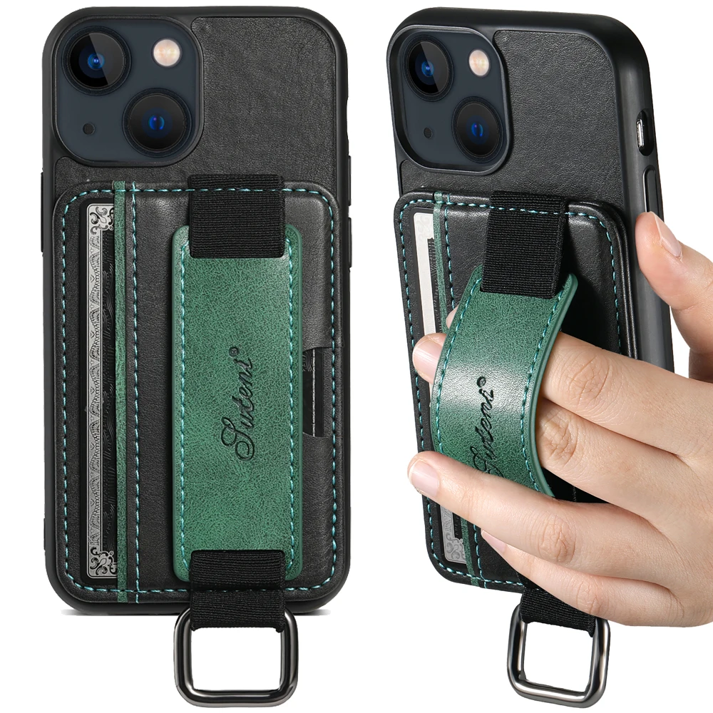 SUTENI Luxury Wristband Card Holder Leather Case for iPhone 15 Pro Max XR XS 11 Pro 12 13 Mini 14 Plus Metal Hook Belt Grip Case