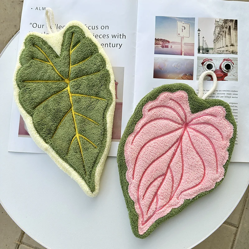 2pcs Leaf Coral Velvet Hand Towel Cute Thick Water Absorbent Handkerchief Kitchen Wipe Cloth Creative Gift Towel