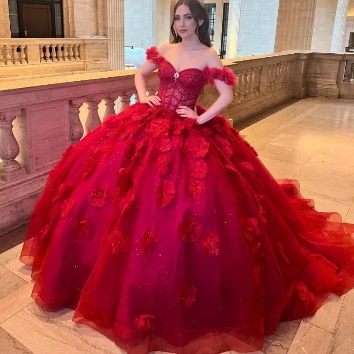 Glanzend Hete Rode Liefje Quinceanera Kleedt Bloemenkralen Van De Schouder Meisjes Populair Corset Vestido De 15 Anos Sweet 16