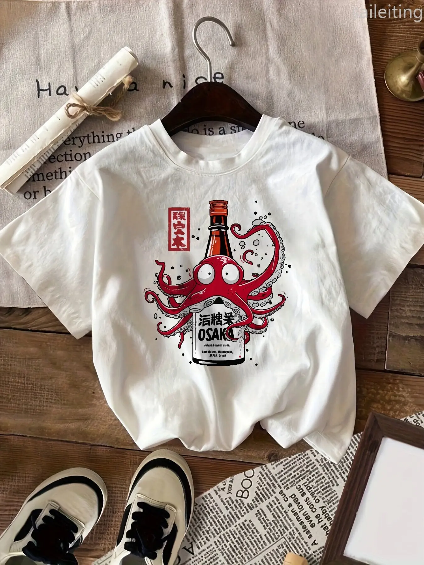Women's White Casual Short Sleeve T-Shirt with Cute Octopus Sake Bottle Graphic Summer Short Sleeved Harajuku Streetwear Tops