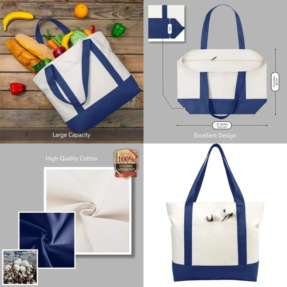 

Набор из 6 холщовых сумок-тоутов с внешним карманом, многоразовые сумки для продуктов, с верхней застежкой-молнией, для повседневных нужд (синий/натуральный цвет)