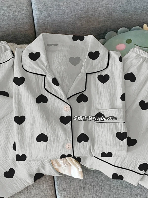 

Summer Thin Short Sleeve Pants Set Women's Casual Home Clothes Heart Print Three-piece Suit Sweet Cute Style Sleepwear