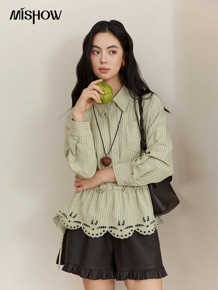 

MISHOW Green Striped Shirt for Women 2025 Autumn New Fashion Design Embroidery Loose Casual Tops Commuting Shirt MXE49C2414