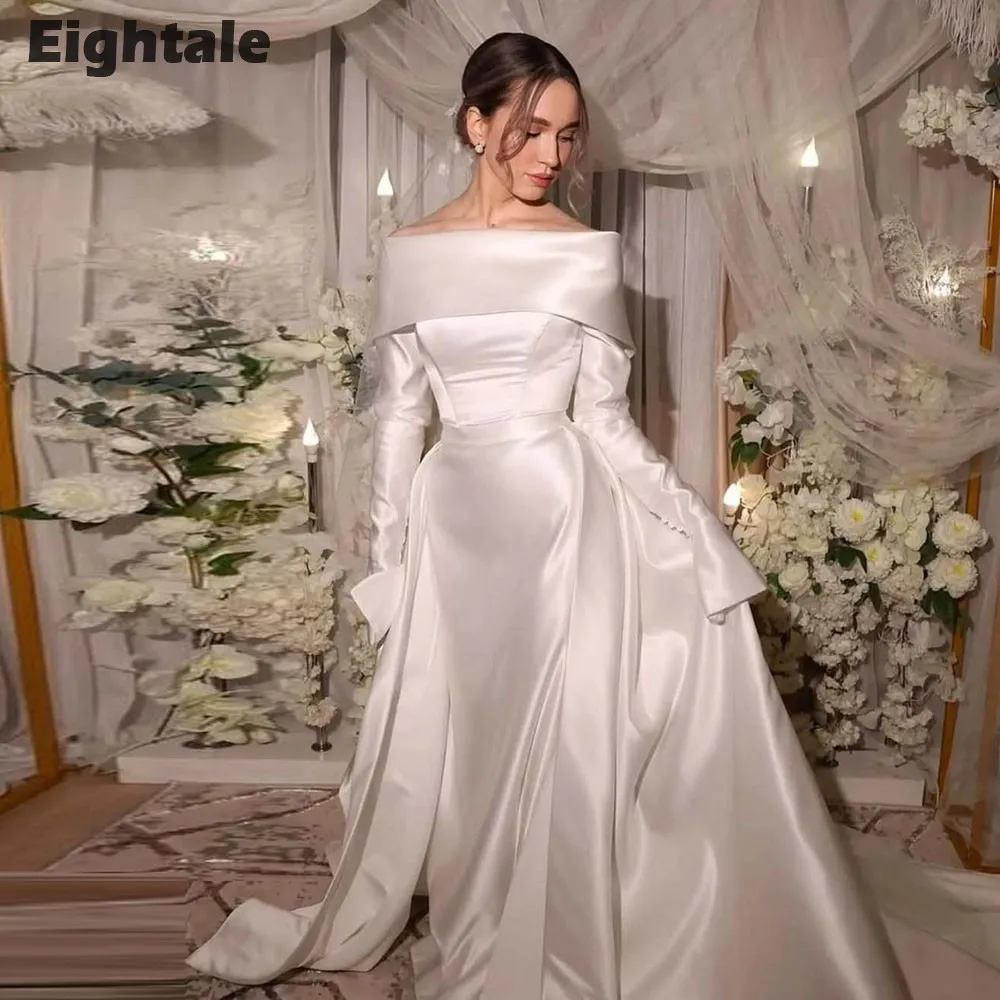 

Eightale Arabic Wedding Dress Strapless Customized White Ivory Mermaid Long Sleeves Muslim Satin Bridal Gown Robe De Mariée