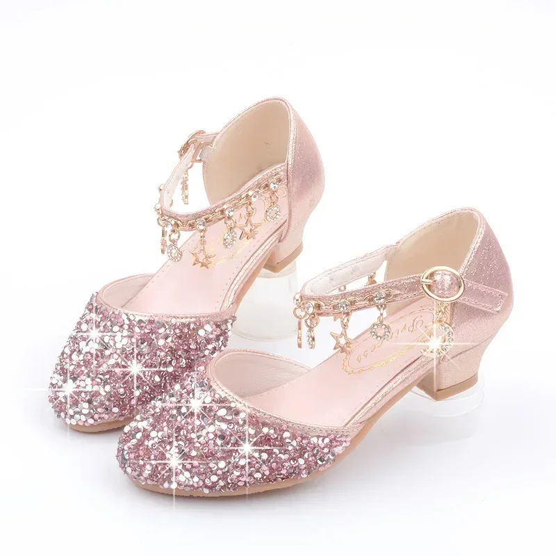 Fashion Kid Leather Shoe 2023 Summer Sequin Princess Shoe Crystal High Heel Sandals Kid Shoes Girl Dresses Mary Jane Girl Shoes