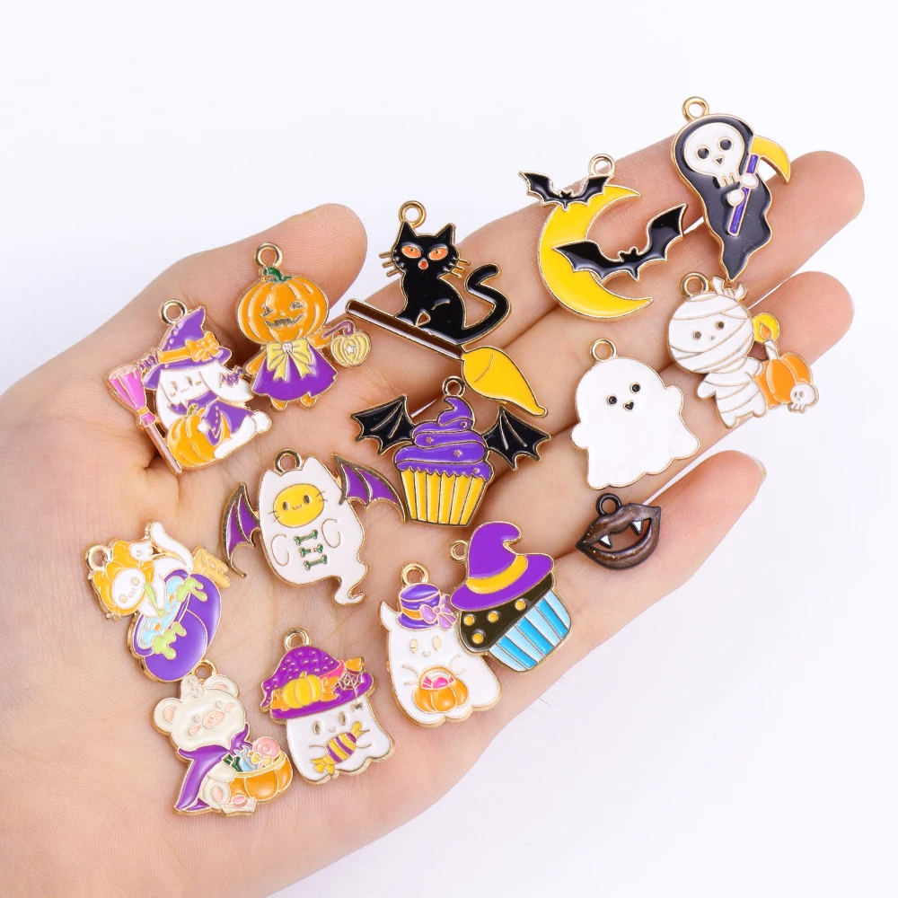 10Pcs Cartoon Enamel Animals Cat Ghost Charms Halloween Pendant Fit Necklaces Earrings Handmade Jewelry Finding Supplies