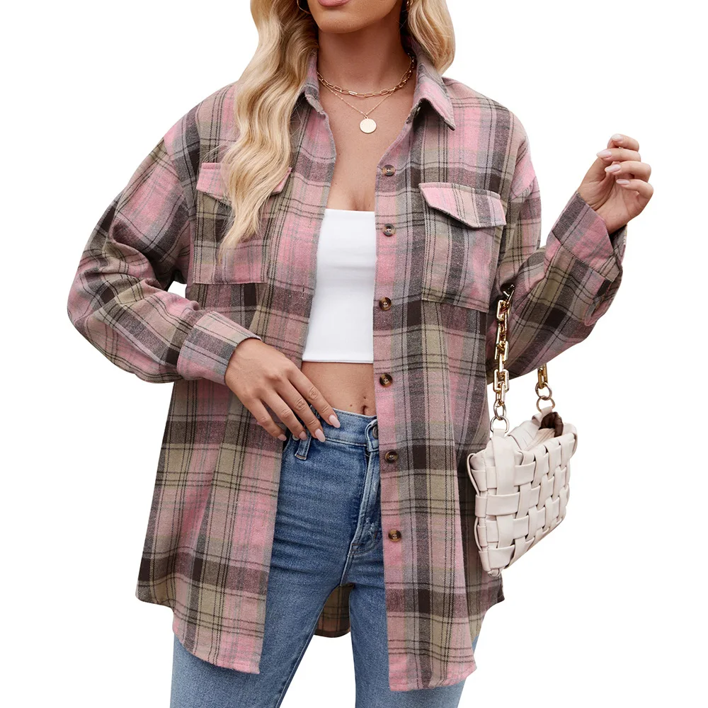 2024 New Casual Pockets Loose Plaid Shirts Women Fashion Lapel Autumn Winter Long Sleeve Blouse Female Leisure Shirt Tops