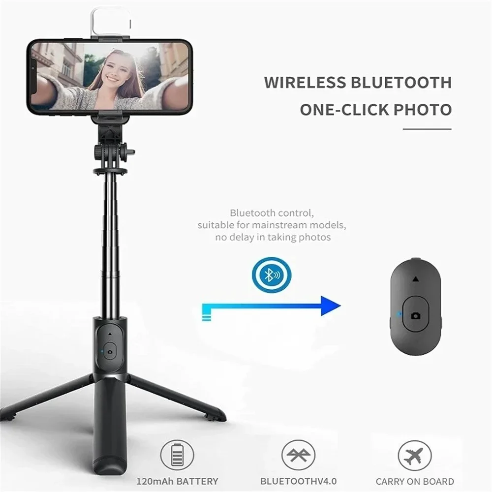 Suporte de tripé para selfie com controle remoto sem fio Bluetooth, haste extensível de aço inoxidável para iPhone, telefones celulares, transmissão ao vivo