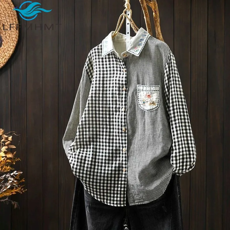 

Unique Vintage Women's Long Sleeve Plaided Shirt Turn-Down Collar Embroidery Patchwork Loose Leisure Basic Blouse for Ladies