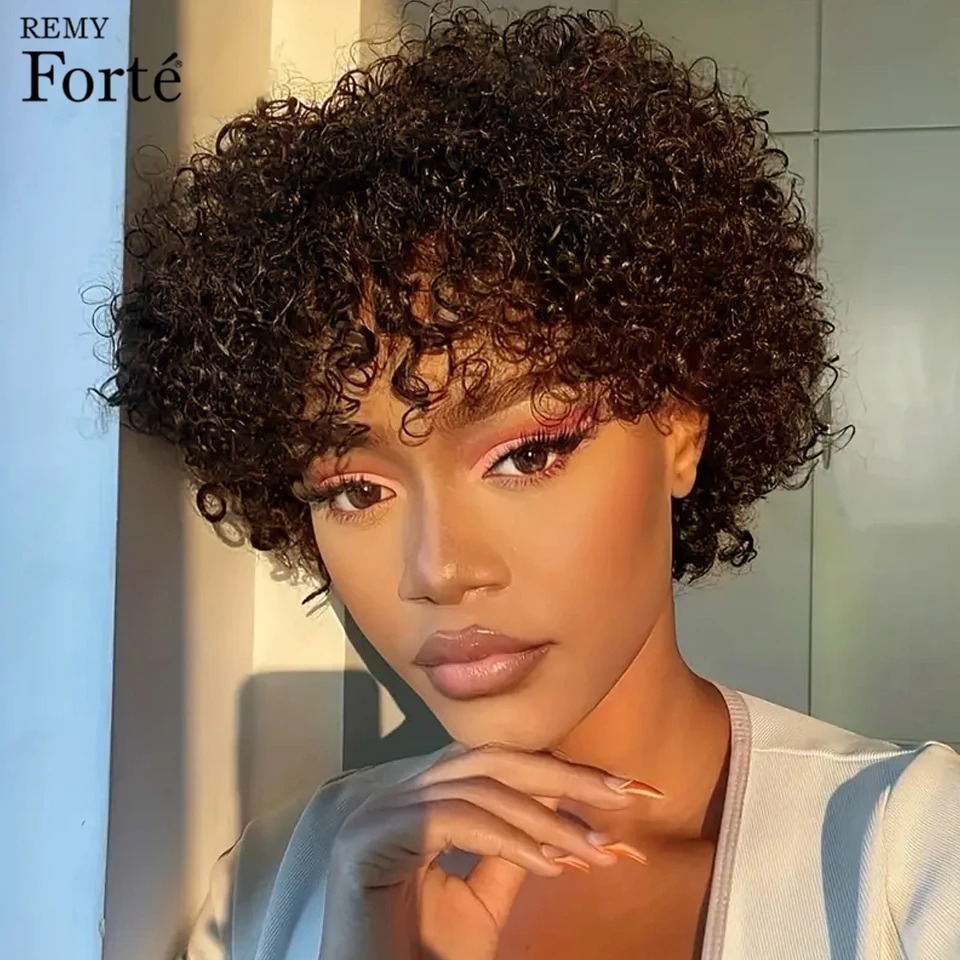 Remy Forte Wear And Go Glueless Wig Human Hair Short Afro Curly Bob Human Hair Wigs With Bangs For Women Brown Kinky Curly Wigs