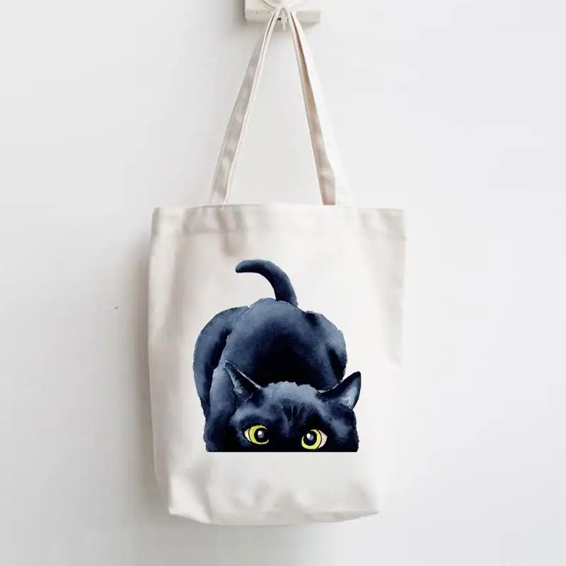 Kat Boeken Koffie Liefde Print Shopper Handtassen Schouder Mode Canvas Casual Winkelen Meisjes Vrouwen Grafische Draagtas