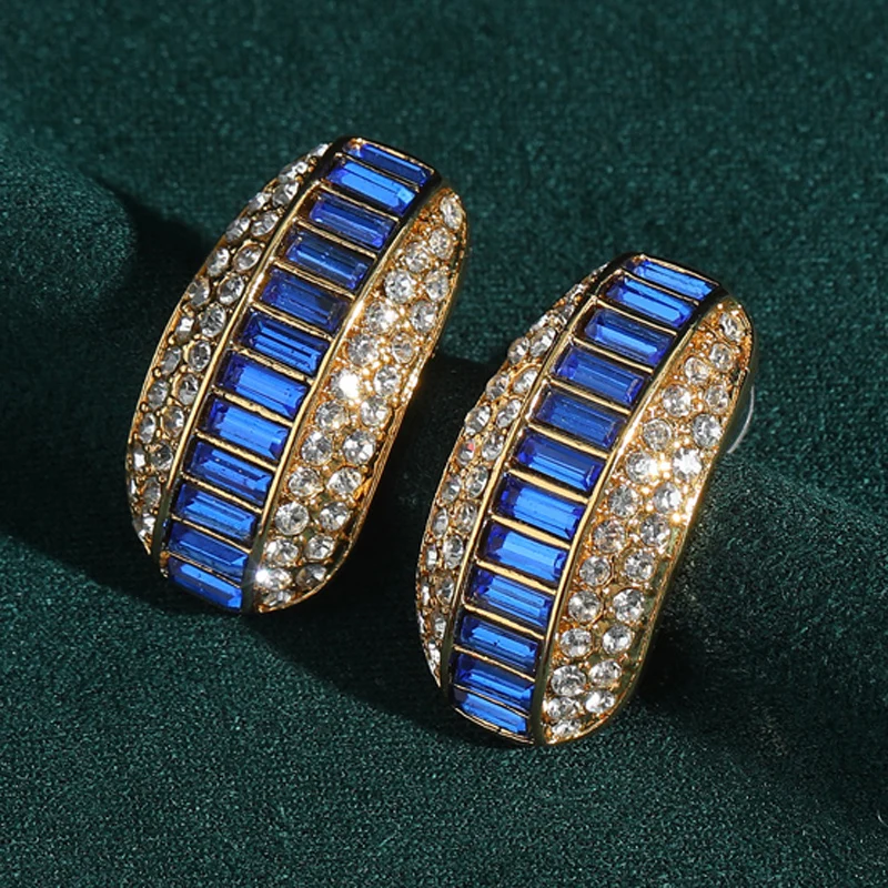 

Vintage Blue Zircon Earring Luxury Stud Gold Color Rhinestone Quality Designer Jewelry For Woman Accessories Wedding Party