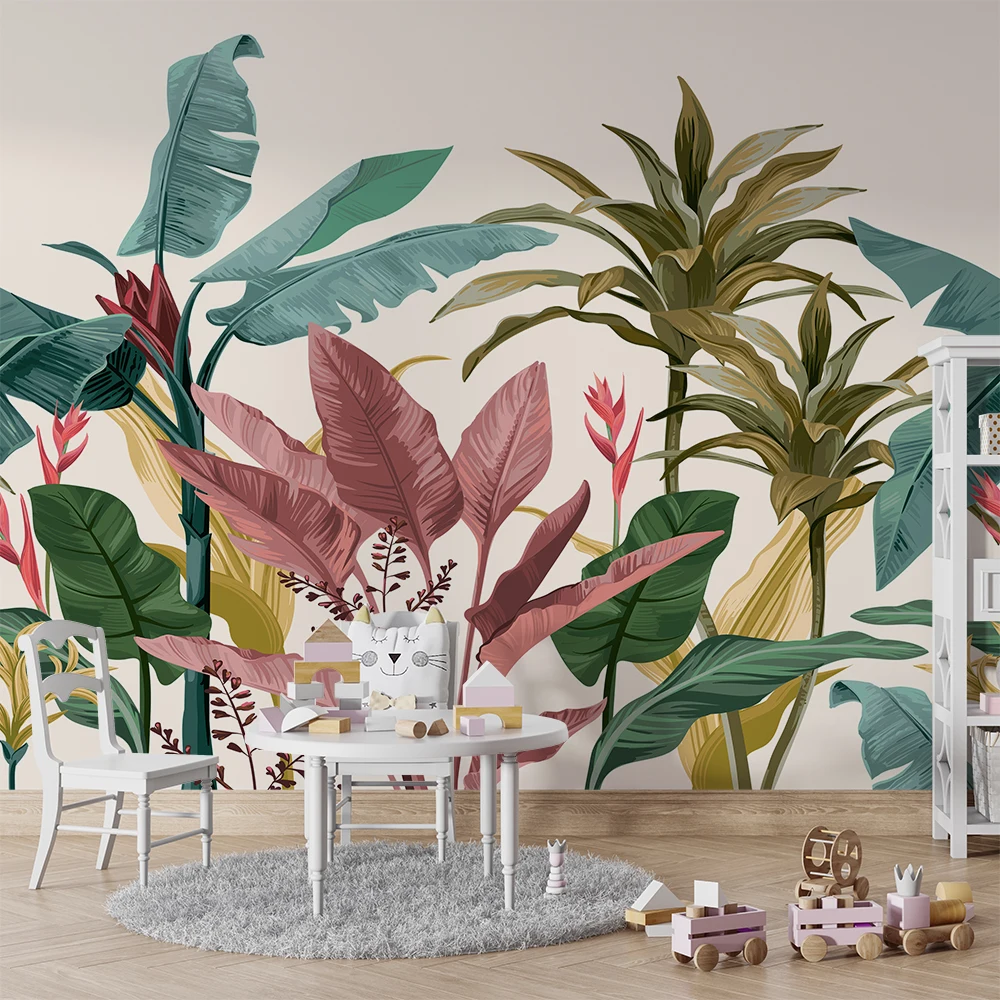 Modern Safari Removable 3d mural wallpaper Non woven wall paper Tropical Jungle Simplicity pink leaf 5D flower murals bedroom