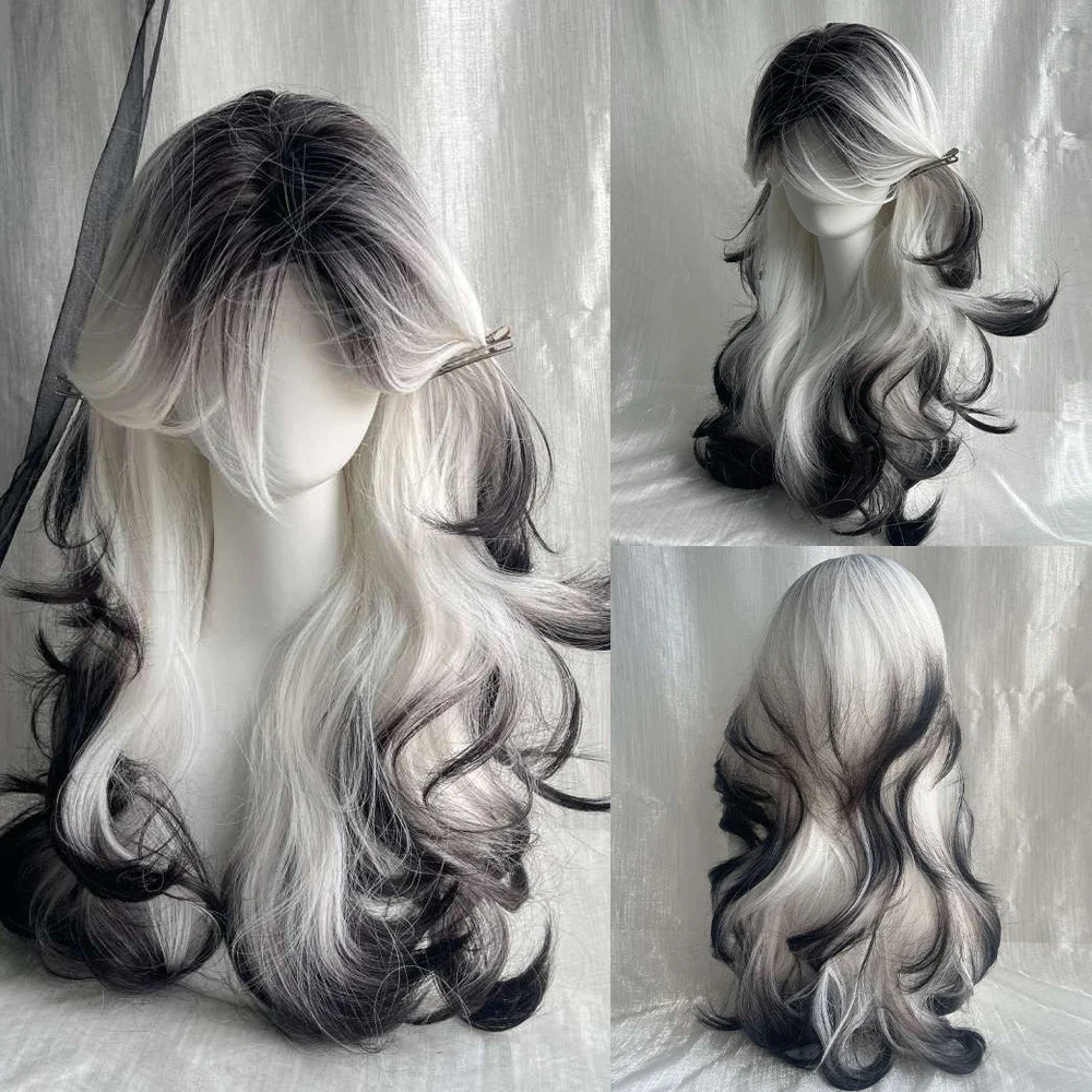 

Synthetic Long Wave White Ombre Black Brown Wig Heat Resistant Lolita Cosplay Fluffy Women Wig for Daily Party