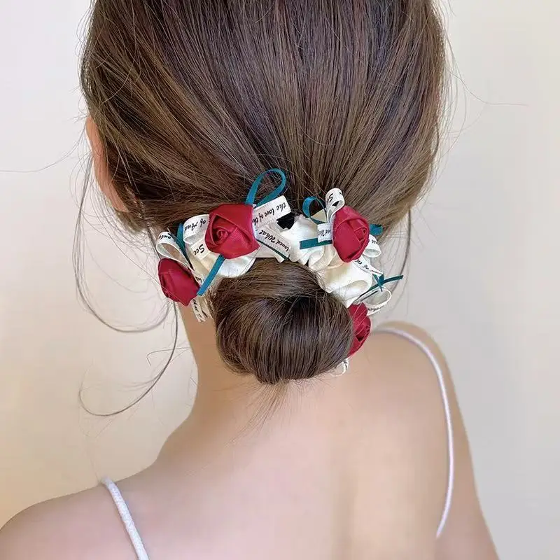 1pc super  fairy rose ribbon bow large intestine hair band, elegant bun scalp elastic hair band high-end hair band