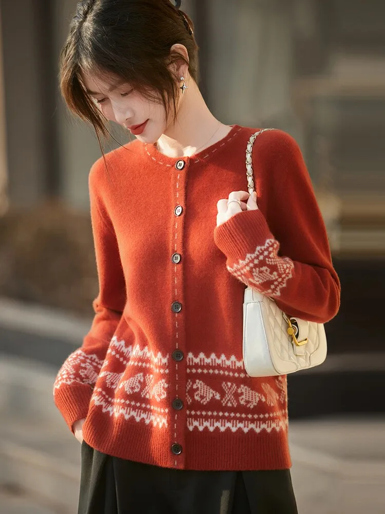 

Ретро-кардиган из 100% шерсти с круглым вырезом, женский, осенне-зимний, с длинными рукавами, свободный вязаный свитер-накидка