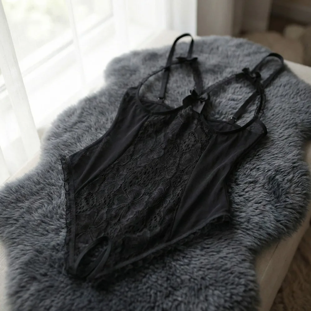 Fashion Deep V Lace Bow Bodysuit Mesh Hollow Transparent Lace Sling Nightwear Open Crotch Backless Sleeveless Jumpsuits Gifts image 3