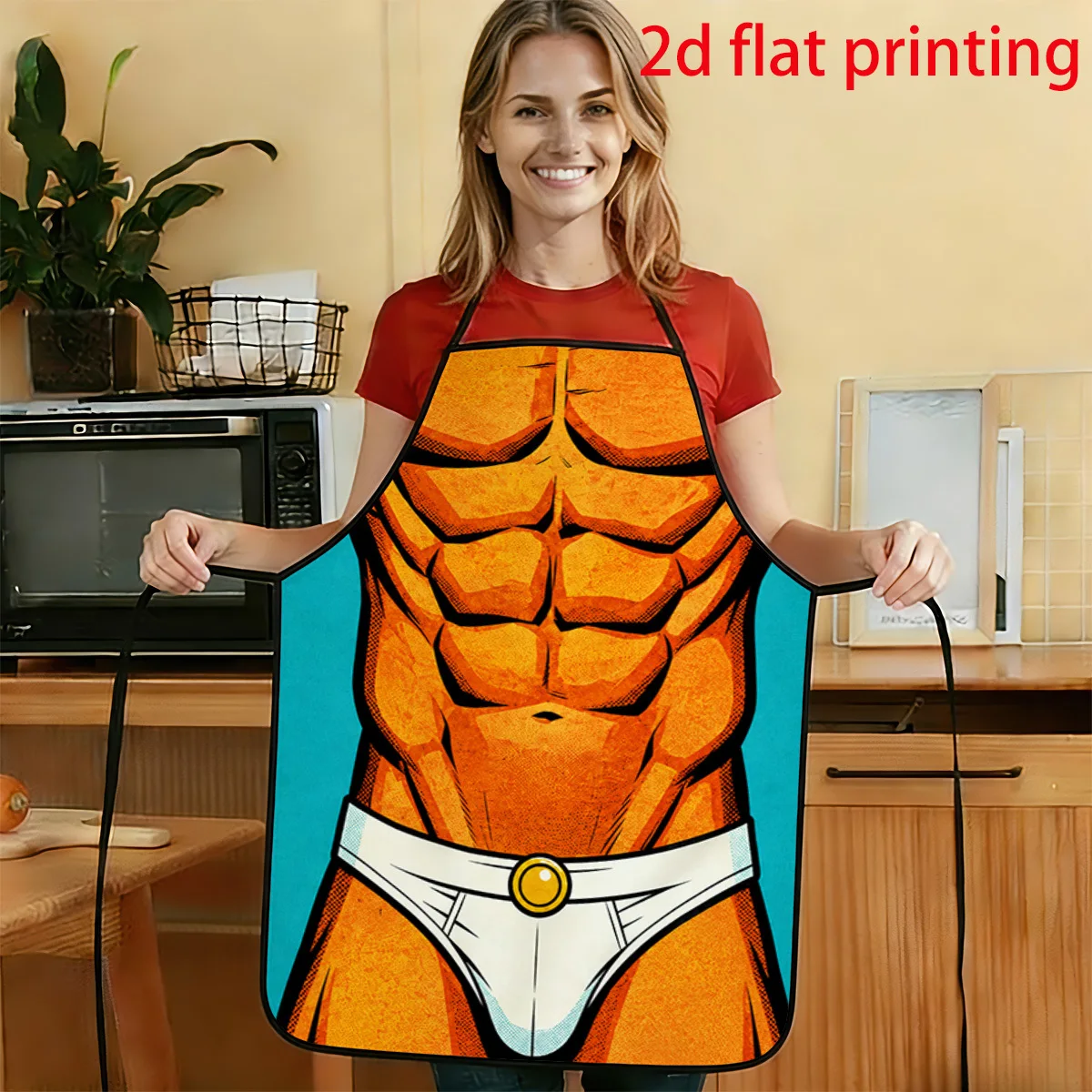 1pc 2D Flat Pop Art Style Orange Muscular For Man Torso Pattern Print Apron Durable And Easy To Clean Adjustable Waistband Avail