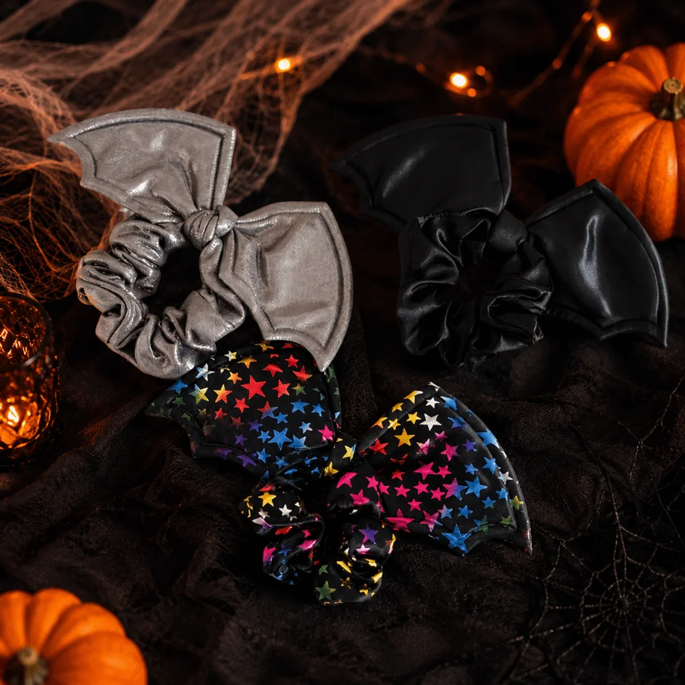 Fashion Star Bat Scrunchie Gothic Elegant Halloween Hair Bow Silver Spider Web Hair Tie Masquerades