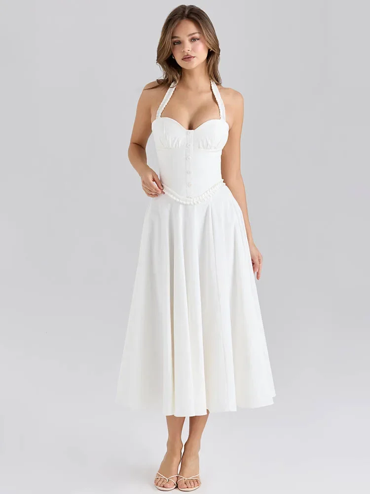 

XIAOTANG Halter Lace-up Backless Sexy Midi Dress Women Elegant White Off-shoulder Sleeveless High Waist A-line Loose Long Dress