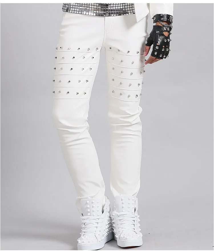 Fashion Men\'s White Rivets Pu leather Pants Nightclub Male Singer DJ DS Stage Trousers Punk Rock Performance Long pants