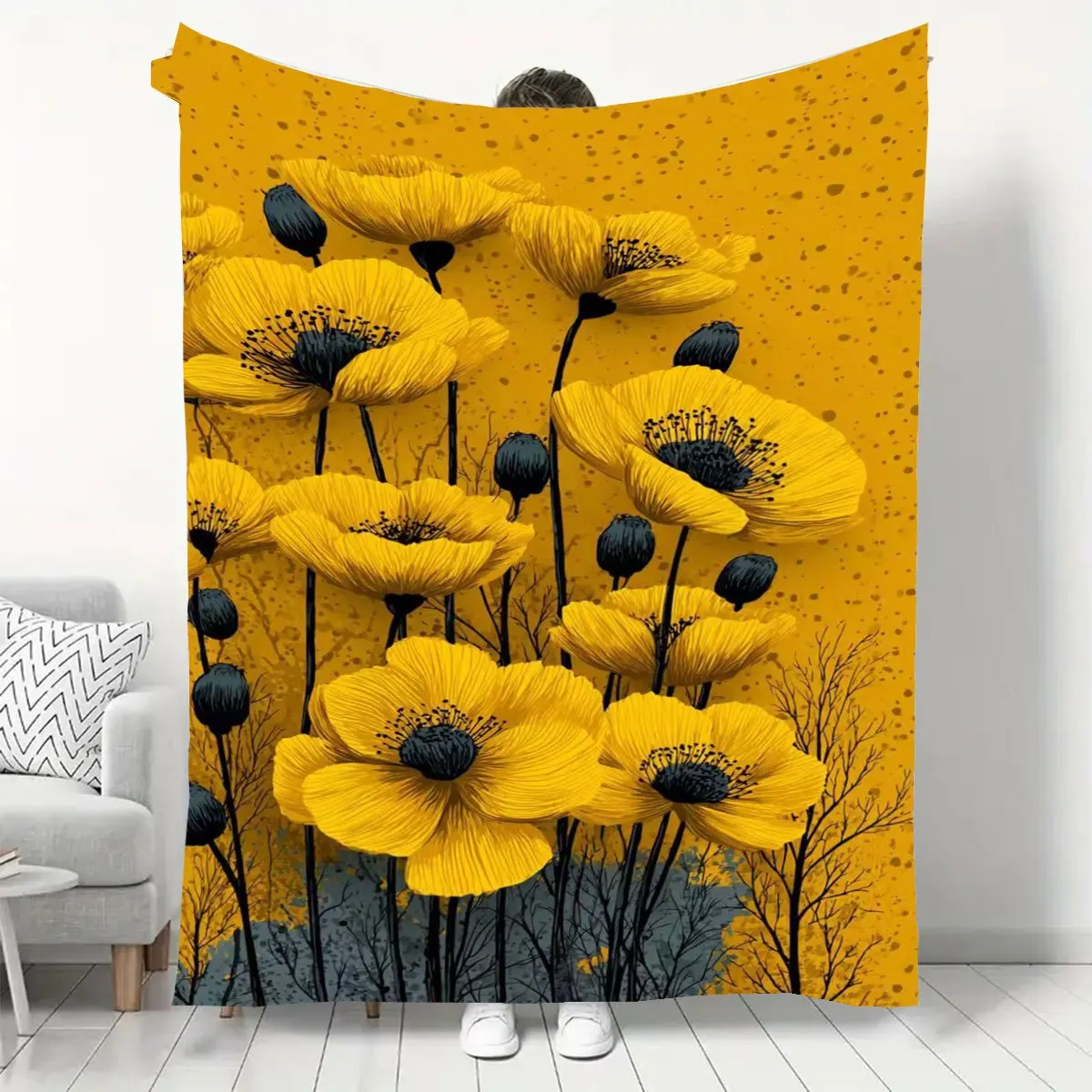 Decorative Floral Poppies Throw Blanket 150x200cm Couch Decor Yellow Spring Summer Autumn Print Cozy Throw