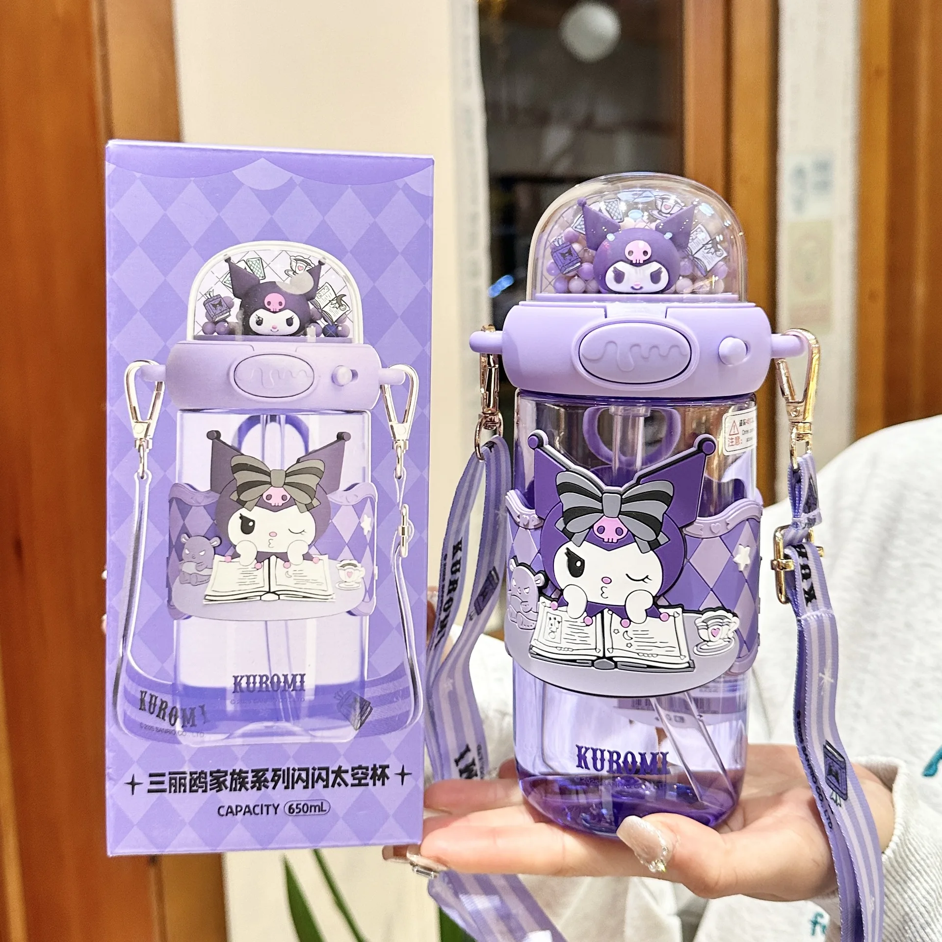 

Sanrio Kuromi Kids Plastic Straw Space Cup Buckle with One Button Pop Lid and Straw Handle Sealed Leak Proof Water Bottle Tritan