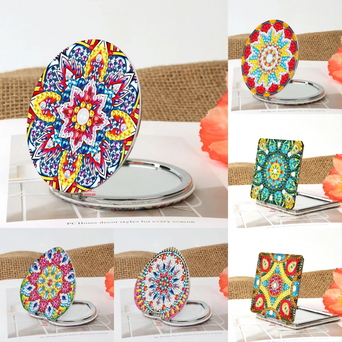 

LS 5d Diamond Painting Mirror DIY Double-sided Stick Crystal Diamond Small Folding Heart Mandala Makeup Mirror Bulk