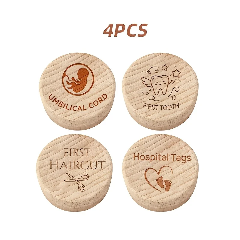 4PCS 2D Wooden Baby Tooth Storage Box Fetal Footprint Pattern Milk Tooth Hair Umbilical Cord Newborn Treasures Precious Memory