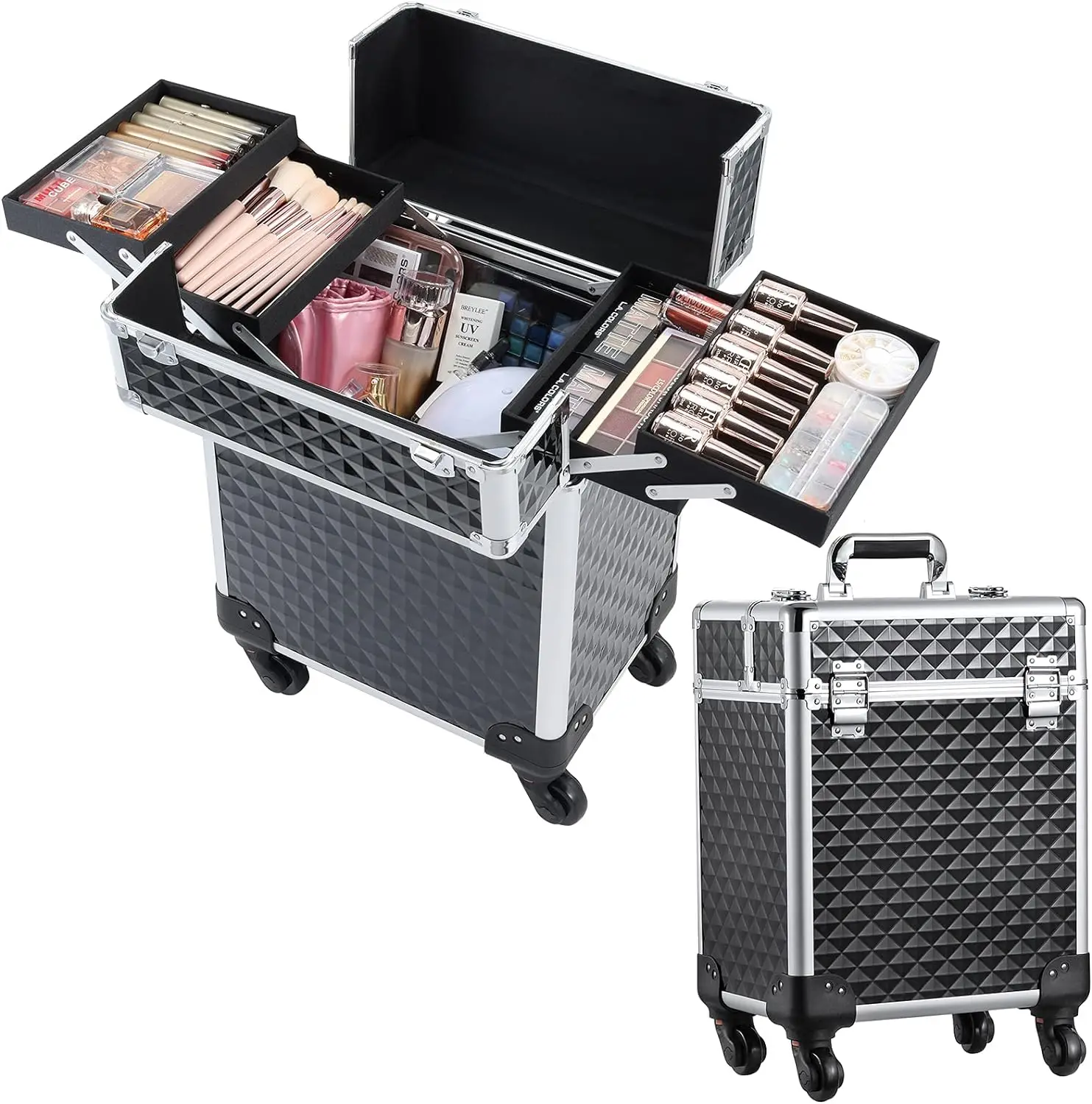 Professional Rolling Makeup Train Case with Trays Travel Makeup Box Organizer Aluminium Makeup Vanity Trolley Luggage Suitcase