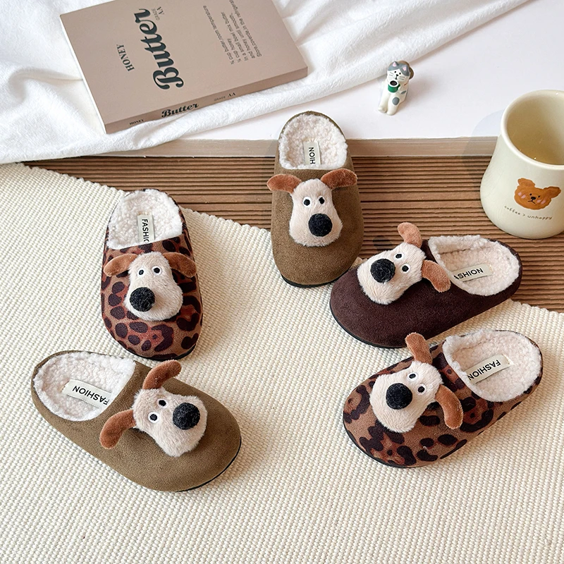Kids Cute Dog Plush Slippers, Leopard Print Fuzzy Warm House Slippers, Non-Slip Sole Winter Indoor Slippers for Boys Girls