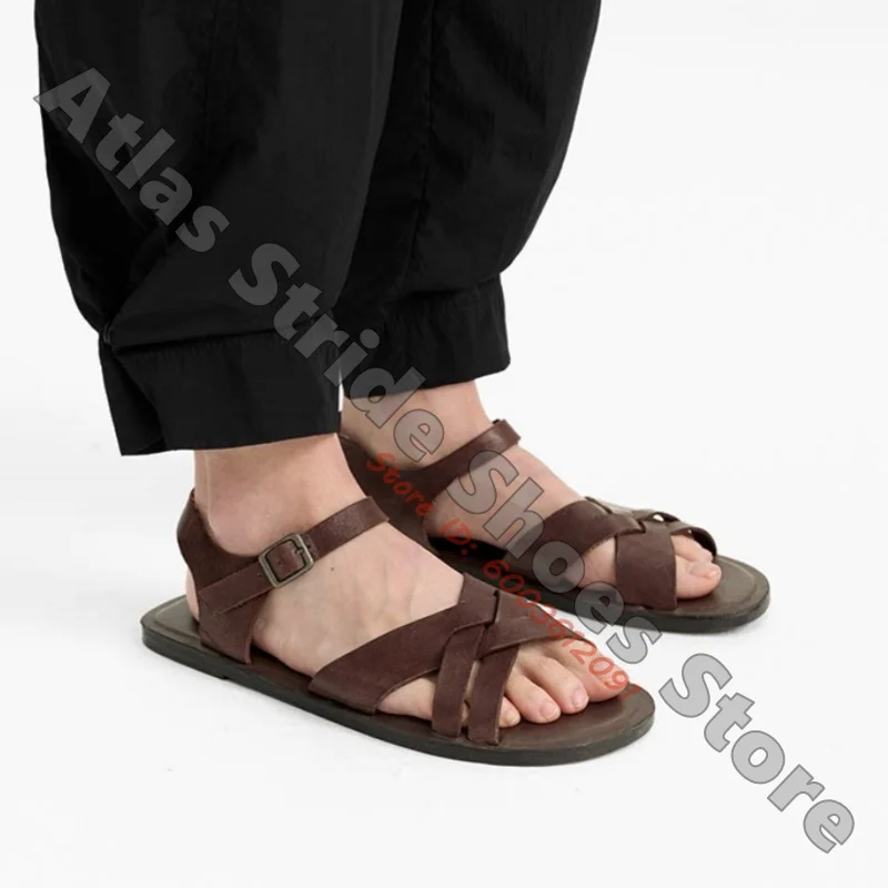 Women Cross Strap Flat Sandals Open Toe Ankle Buckle Strap Vintage Faux Leather Light Weight Casual Summer Daily Beach