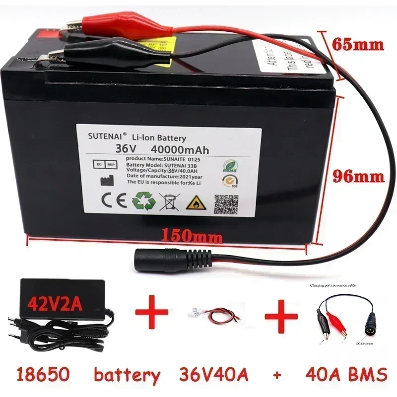 36 V 40/50/60 Ah 18650 Li-Ionen-Akku für Elektrofahrräder, Moped, Elektro-/Lithium-Ionen-Akku + 2 A Ladegerät