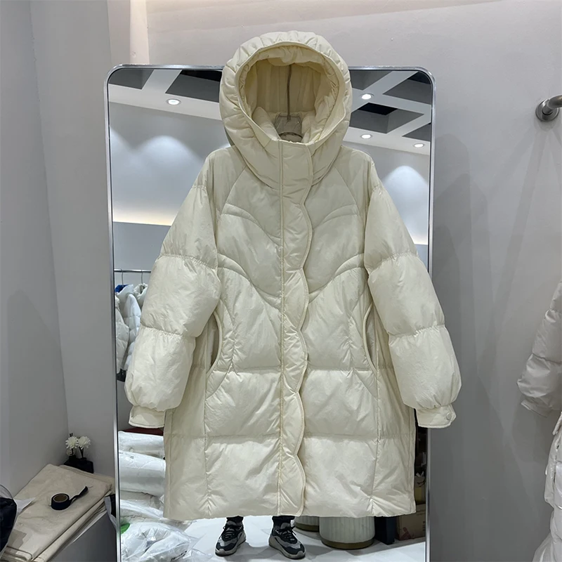 

Winter Long Hooded Puff Down Jacket Female Fluffy Warm Parker Knee Length Outwears Women 90% White Duck Down Thicken Down Jacket
