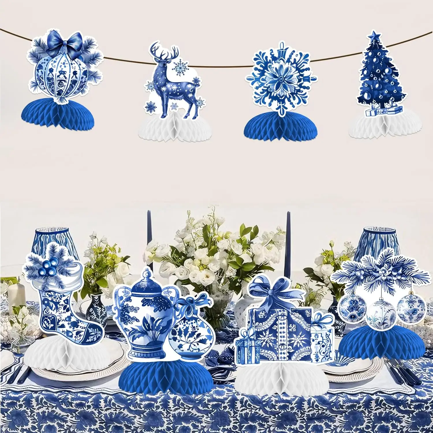 Christmas Chinoiserie Honeycomb Centerpiece Vintage Blue White Porcelain Table Toppers Ceramic Vase Decor New Year Party Supplie