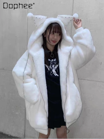 Harajuku Subkultur Anime Plüsch Jacke Nette Ohr Mit Kapuze Verdickte Warme Faux Pelz Jacken Japanische Mädchen Übergroße Jacke Frauen