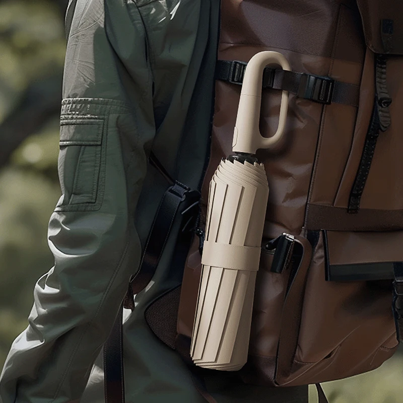 Paraguas plegable inverso completamente automático con raya reflectante a prueba de viento, paraguas UV para hombres y mujeres, mango de mosquetón para viaje