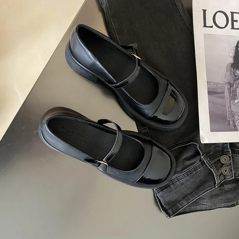 Shoes for Women Retro British Style Small Leather New Spring 2023Student Platform Black Thick Heel Single Shoes Chaussure Femme